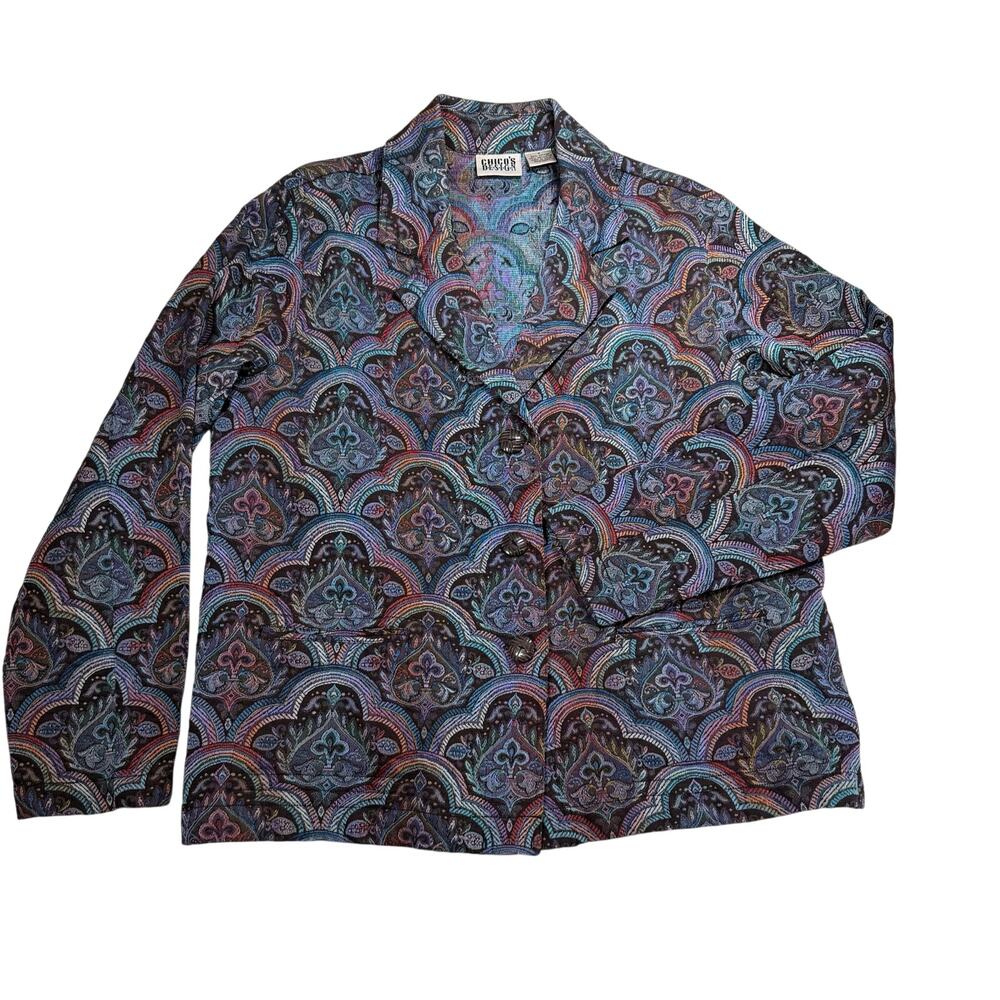 Chicos Design Tapestry Blazer Womens 2 Large Teal Purple Jacquard Boho Jacket